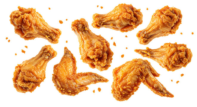 Fried chicken wings arranged neatly on a white background looking hot, crispy, and perfect for a savory snack or delicious side meal anytime.
