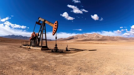 A powerful oil pump jack operating in a remote desert landscape, silhouetted against a deep blue sky, with copy space