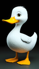 A bright and adorable 3D rendering of a fluffy white duckling with a vibrant yellow beak and feet, set against a dark background. 