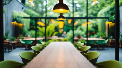 A lively coworking area with ergonomic long tables, enveloped by plants. This contemporary setting encourages teamwork and efficiency in a dynamic atmosphere.