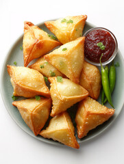 Crispy Golden Indian Samosas with Spicy Red Chutney Dip and Fresh Green Chili Peppers on the Side
