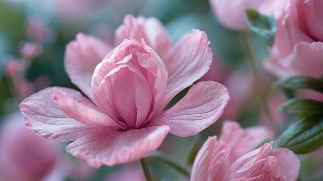 A macro video featuring a pink flower with a selective focus against a natural pink background in a botanical garden