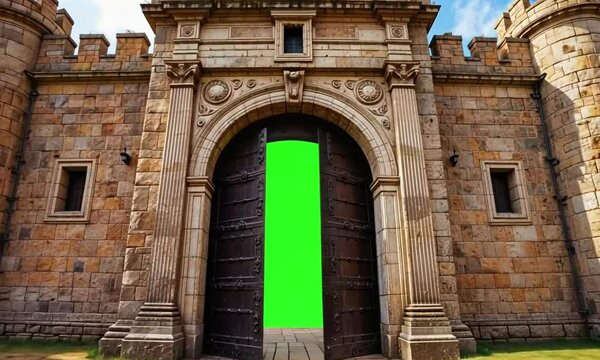 castle gate open showing green screen