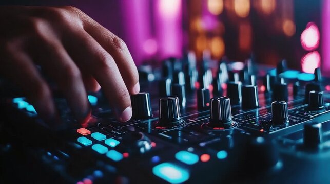 A professional DJ adjusting the knobs on a modern CDJ mixer, with vibrant stage lighting in the background, with copy space