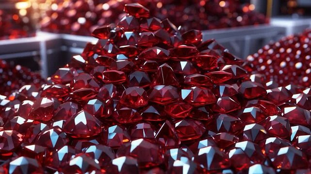 A substantial collection of red garnet gemstones on exhibit