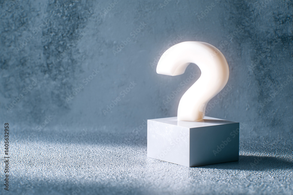 Poster white question mark on a light-grey cube, against a textured blue background, showcasing uncertainty