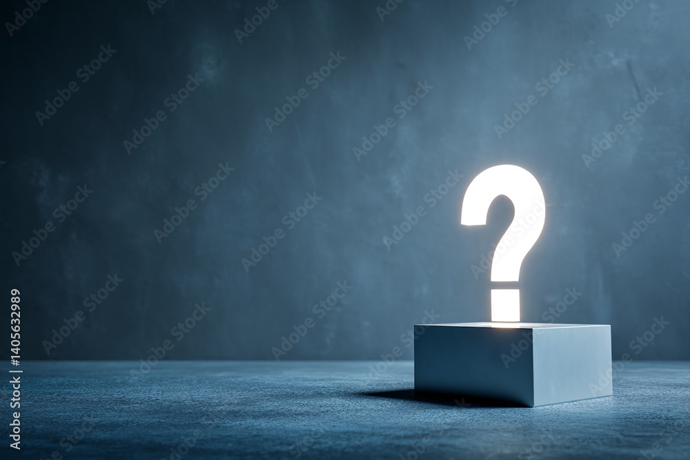 Aufkleber glowing question mark on a gray cube against a dark blue background, symbolizing inquiry, uncertaint