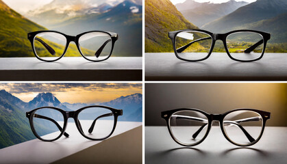 A grid of four images, each featuring a pair of black-framed eyeglasses set against a different scenic mountain backdrop, symbolizing varied perspectives and enhanced vision in diverse environments.