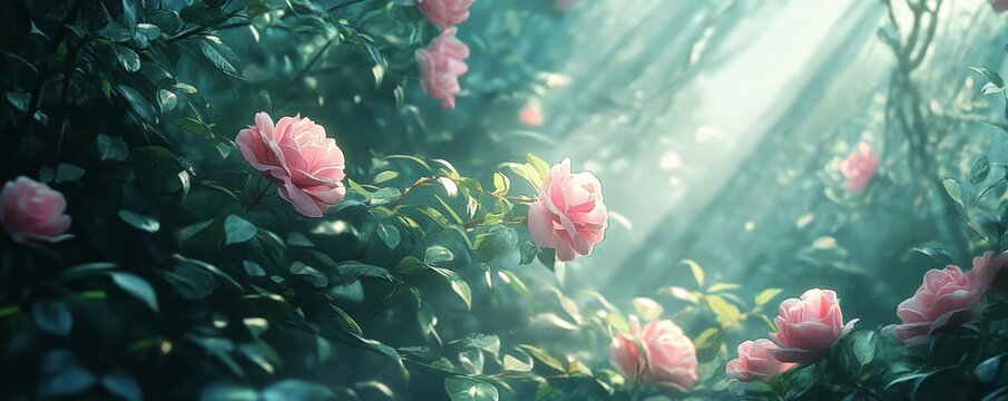 Fototapeta Pink Rose Garden bathed in Sunlight