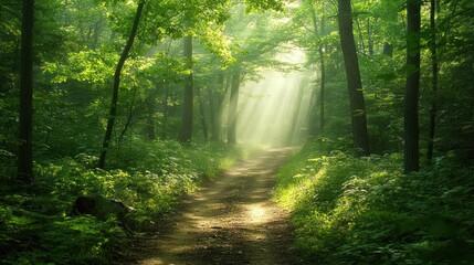 Fototapeta premium Forest path surrounded by lush green trees and sunlight streaming through the canopy