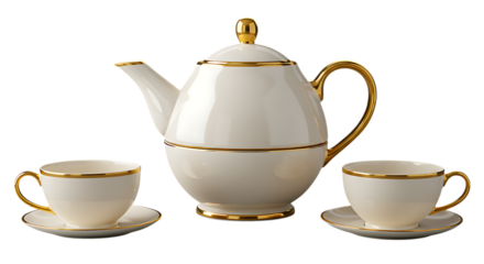 Elegant white teapot and two cups placed neatly on a white background looking classic, beautiful, and perfect for tea serving, home decor, and classic dining setups.