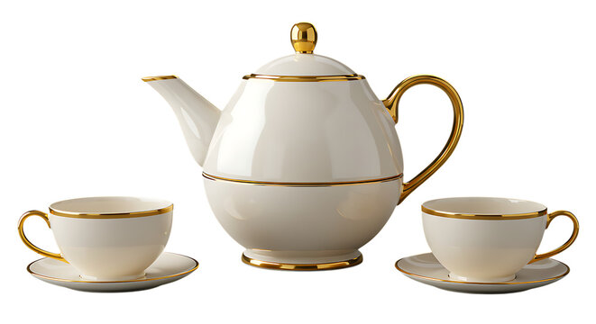 Elegant white teapot and two cups placed neatly on a white background looking classic, beautiful, and perfect for tea serving, home decor, and classic dining setups.