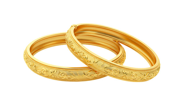 Two traditional gold bangles placed neatly on a white background looking shiny, beautiful, and perfect for ethnic wear, wedding outfits, and festive jewelry collections.