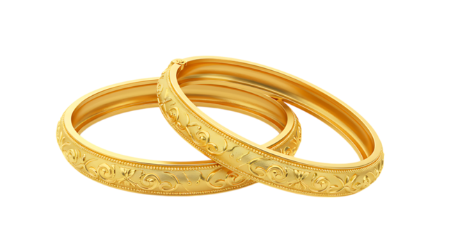 Two traditional gold bangles placed neatly on a white background looking shiny, beautiful, and perfect for ethnic wear, wedding outfits, and festive jewelry collections.