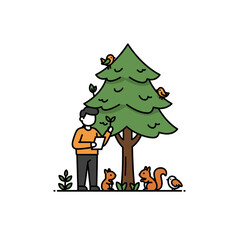 Naklejka premium Man Examining Tree with Wildlife: A man carefully examines a tree, while birds and squirrels play around the base. This illustration depicts a harmonious scene of nature and human observation.