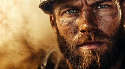 A rugged oilfield worker covered in dust, adjusting heavy machinery under the intense heat of the desert sun, with copy space