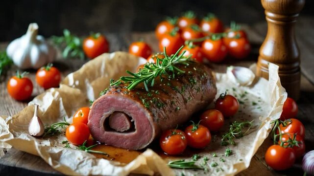 A stunningly cooked roast is adorned with herbs, served with fresh tomatoes and garlic cloves, highlighting vivid colors.