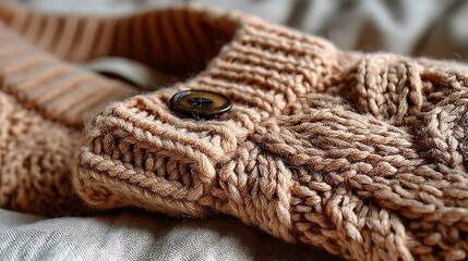 Close-up of a light beige cable-knit sweater.