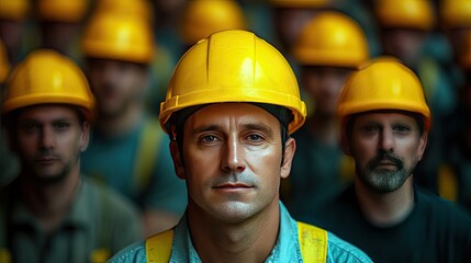 Focused construction workers in a large group.