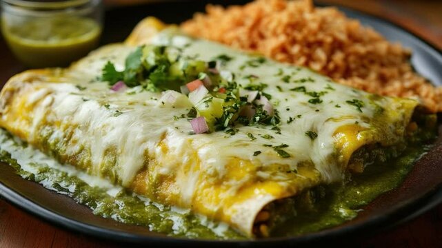 Delicious plate of enchiladas topped with melted cheese and fresh herbs alongside flavorful rice and salsa on a black plate