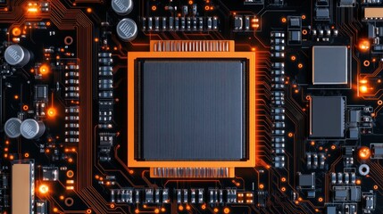 Fototapeta premium A seamless background featuring a close-up of a CPU chip embedded in a sleek and modern printed circuit board