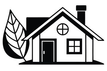 Stylized Monochrome Illustration of a House with Leaf Showing Eco Friendly Design