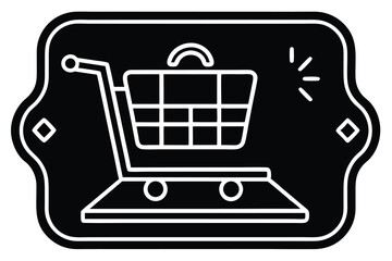Stylized icon of a shopping cart on a decorative black background
