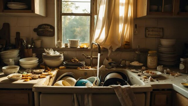 A sink and counter overflowing with dirty dishes. The kitchen is filled with bowls, pans, and utensils waiting to be cleaned.