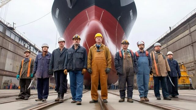 Shipyard Workers' Pride: A dedicated team of shipyard workers stands united in front of a massive ship, showcasing strength and determination amidst the industrial setting.