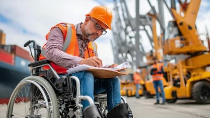 Overcoming Challenges: A determined construction worker in a wheelchair meticulously reviews blueprints, surrounded by industrial machinery, showcasing resilience, ability, and professional skill.