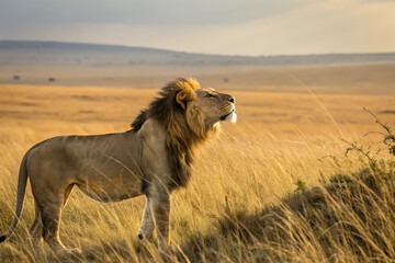 Fototapeta premium Majestic Lion Illustration with Golden Mane and Powerful Stance in a Wild Savanna Setting