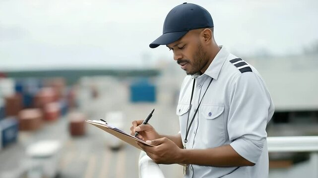 Customs officer inspecting shipment at dock in morning breeze