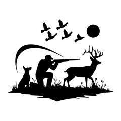 Hunter and Dog Silhouettes Tracking Deer at Sunrise – A Scenic Outdoor Art
