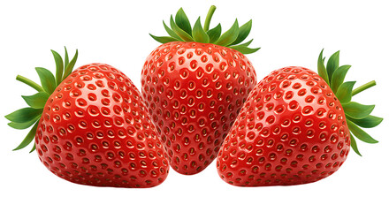 Three fresh strawberries placed on a white background looking juicy, sweet, and vibrant, perfect for healthy snacks, desserts, and fruit salads.