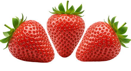 Three fresh strawberries placed closely on a white background looking juicy, sweet, and perfect for healthy eating, fruit salads, and smoothies.
