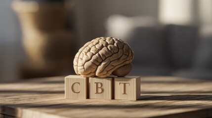 Cognitive behavioral therapy concept with brain and wooden blocks