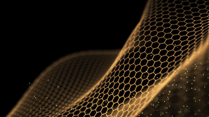 Abstract hexagon digital wave background. Mesh space or galaxy particle texture. Global technology pattern. Big data visualization. 3D rendering.