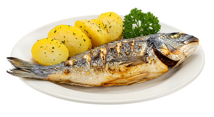 Fresh grilled fish and potatoes served on a white plate looking healthy, flavorful, and perfect for seafood meals, healthy dinners, or nutritious diets.