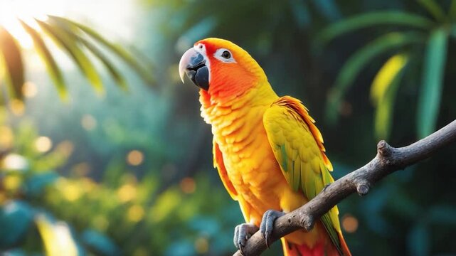 A stunning yellow parrot known as the sun conure bird