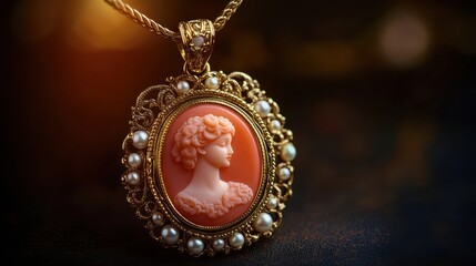 Elegant Vintage Pendant with Cameo and Pearls, Close-Up View