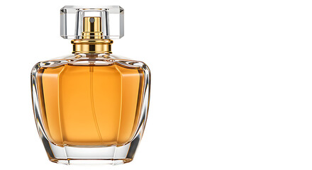 Elegant perfume bottle filled with golden fragrance placed on a white background looking luxurious,...