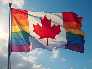Merged Canadian flag and 2SLGBTQ+ Pride flag flying in the wind