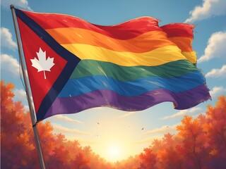 2SLGBTQ+ Progress Pride flag with a maple leaf flying in the wind