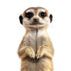 Curious meerkat standing upright with a playful expression against a soft white background in a studio setting