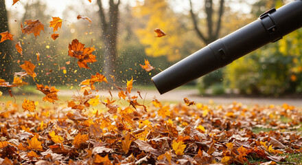 Leaf blower in action blowing autumn leaves away in a park, vibrant outdoor scene, copy space