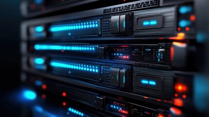 Obraz premium A sophisticated server rack-inspired abstract with parallel glowing blue lights extending into the distance