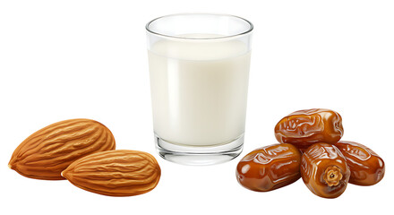 A glass of milk placed with almonds and dates on a white background looking fresh, healthy, and perfect for breakfast, snacks, and energy boosting meals.