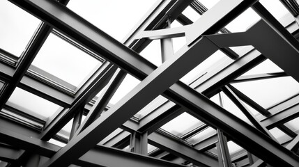 A sophisticated steel framework of an industrial construction site, forming a dynamic and modern abstract perspective