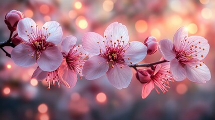Close-up of delicate cherry blossom flowers with soft pink and white petals, blurred background with bokeh lights, pastel tones, soft natural lighting, ultra-realistic details.