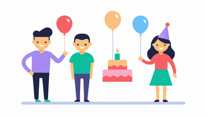 Fototapeta premium Happy characters enjoying a birthday party celebration, standing together and engaging in fun conversations with smiles and cheerful vibes at the special gathering.
